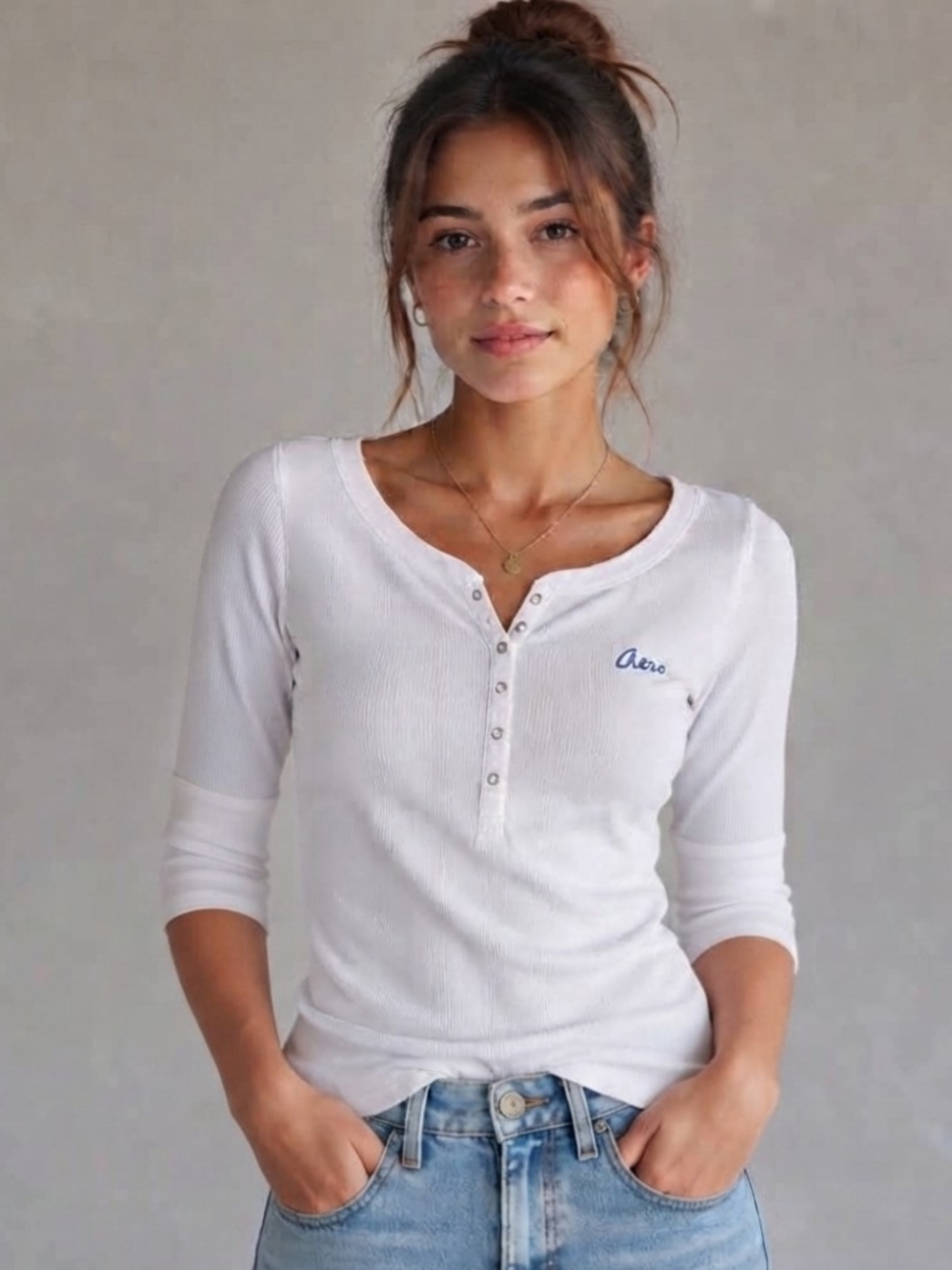 Aéropostale White Ribbed Thermal Henley Top Size M Y2K Preppy Minimalist